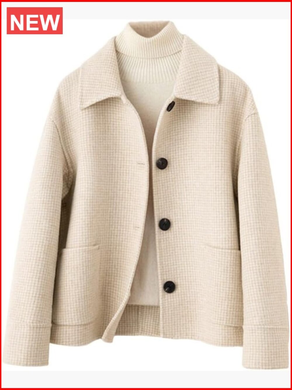Elegant Houndstooth Plaid Cropped Wool Coat Single Breasted Pea Coat with